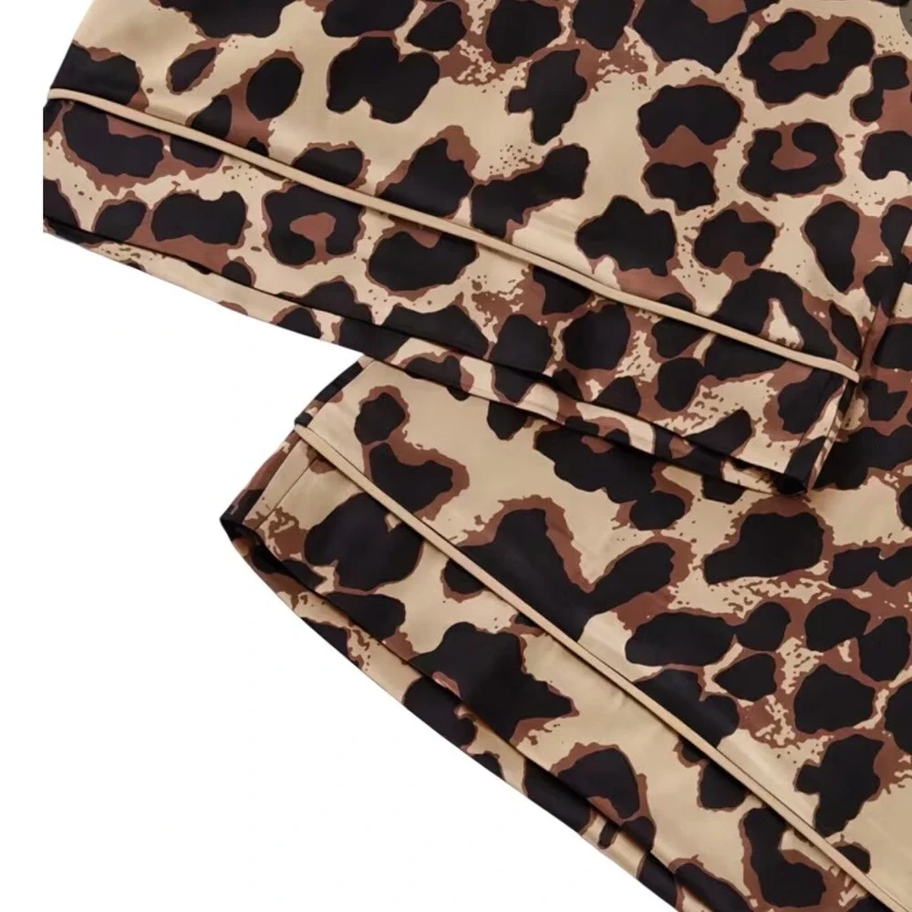 Leopard Satin 3-Piece Pajama Set XL Short Sleeve Top Shorts Pants Gold Brown
